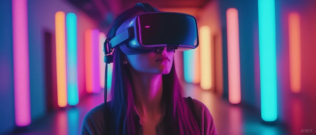 戴着 VR 头显的女性侧影，背景是霓虹色灯柱构成的走廊